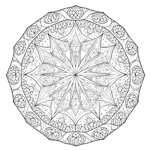 Märchenhaftes Dorf-Mandala mit Häusern Ausmalvorlage für fröhliche Abenteurer
