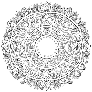 Festliches Dorf-Mandala mit Häusern Ausmalvorlage für kreative Winterträumer