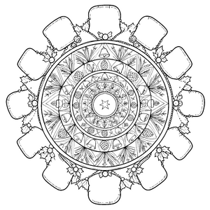 Prachtvolles Tannenbaum-Mandala mit Glocken Malbild für malfreudige Sternengucker