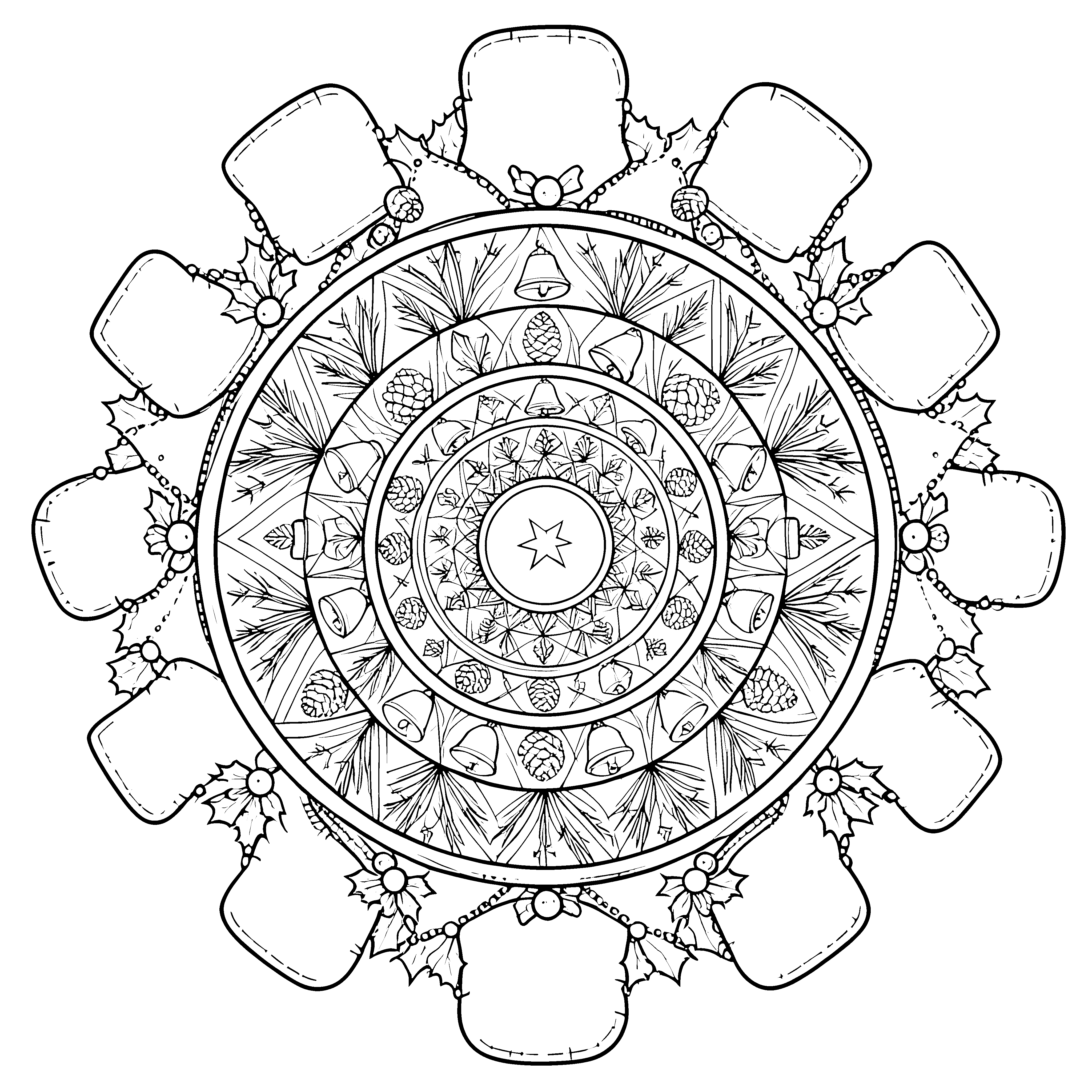 Prachtvolles Tannenbaum-Mandala mit Glocken Malbild für malfreudige Sternengucker