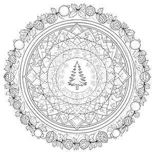 Festliches Tannenbaum-Mandala mit Tannenzapfen-Malvorlage für kleine Tüftler