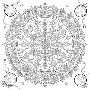 Wundervolles Tannenzweig-Mandala mit Christbaumkugeln Ausmalvorlage für malfreudige Sterngucker