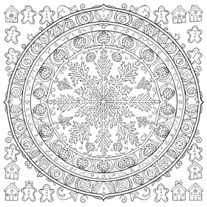 Gemütliches Lebkuchenhaus-Mandala mit Tannenzapfen Ausmalvorlage für junge Spürnasen