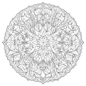 Strahlenvolles Eiben-Mandala mit Beeren Malbild für malfreudige Waldgeister