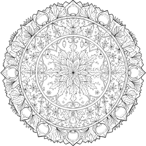 Festliches Tannenzapfen-Mandala mit Kugeln Malbild für Malfreude-Waldgeister