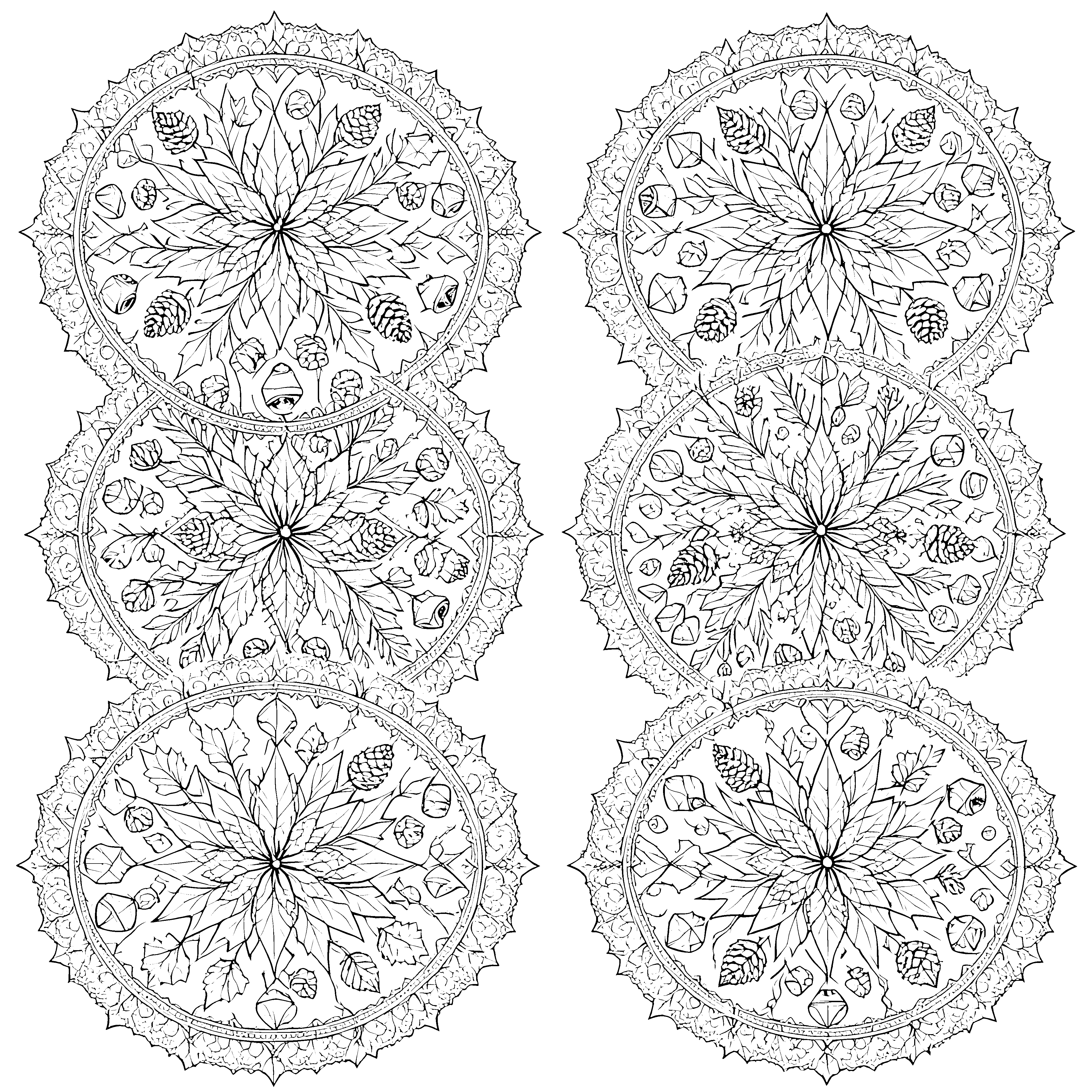 Üppiges Tannenzweig-Mandala mit Zapfen Malvorlage für kleine Naturfreunde