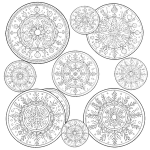 Verspielte Tannenbaum-Mandalas mit Kugeln Malbild für fröhliche Bastler