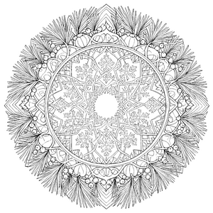 Prachtvolles Tannenzweig-Mandala mit Beeren Malvorlage für malfreudige Naturfreunde