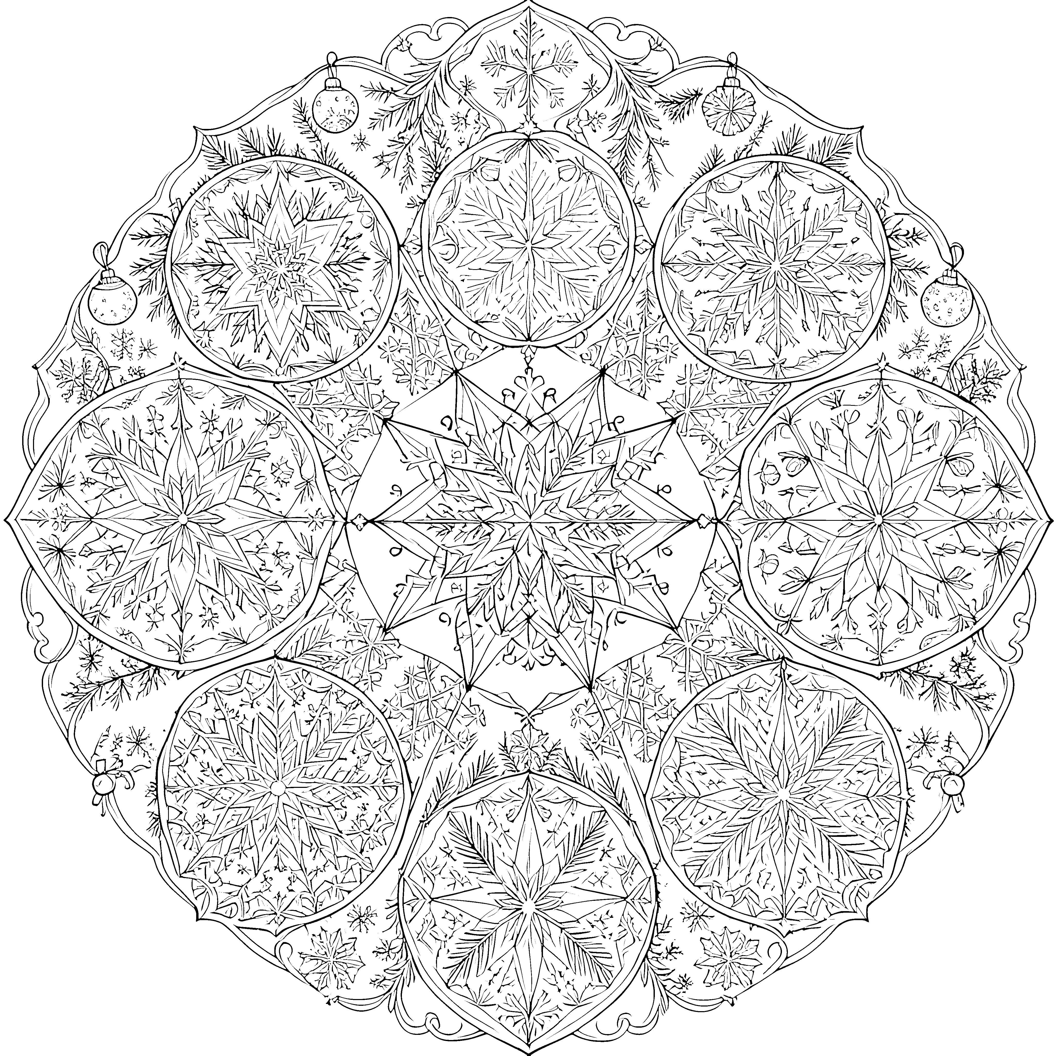 Glitzerndes Schneeflocken-Mandala mit Kugeln Malbild für kreative Winterträumer