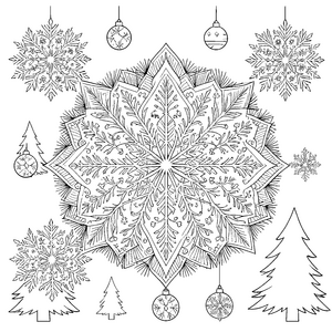 Funkelndes Tannenbaum-Mandala mit Schneeflocken Ausmalvorlage für kleine Spürnasen