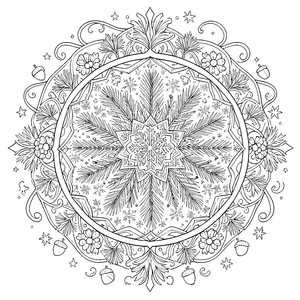 Stolzes Tannenbaum-Mandala mit Eicheln Malbild für kleine Waldgeister