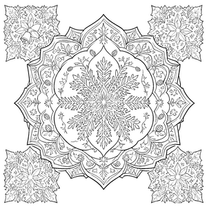 Festliches Schneeflocken-Mandala mit Tannenzweigen Ausmalvorlage für mutige Sterngucker