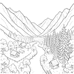 Gebirgiges Tal mit Häusern und Bach Ausmalbild für malfreudige Wanderer