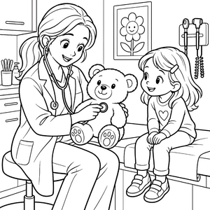Lächelnde Ärztin beim Untersuchen des Teddy Malvorlage für malfreudige Bastler