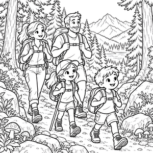 Fröhliche Wanderfamilie im Wald Ausmalvorlage für verträumte Abenteurer