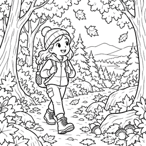 Fröhliche Wanderin im Herbstwald Ausmalbild für fröhliche Weltenbummler
