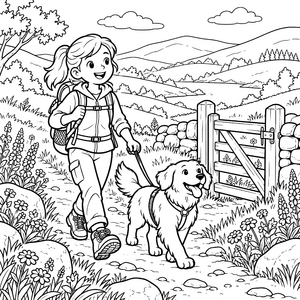 Fröhliche Wanderin mit Hund Ausmalbild für verträumte Naturfreunde