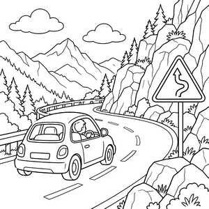 Kurviges Verkehrszeichen an der Bergstraße Malvorlage für neugierige Weltenbummler
