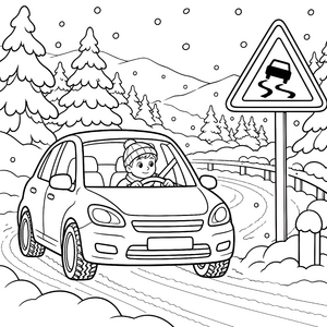 Rutschgefahr-Verkehrszeichen im Schnee Ausmalbild für fröhliche Autofans