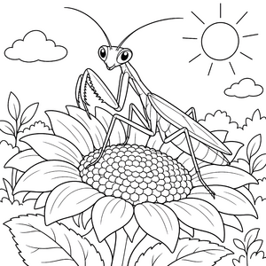 Stolze Gottesanbeterin auf Sonnenblume Ausmalbild für mutige Sterngucker