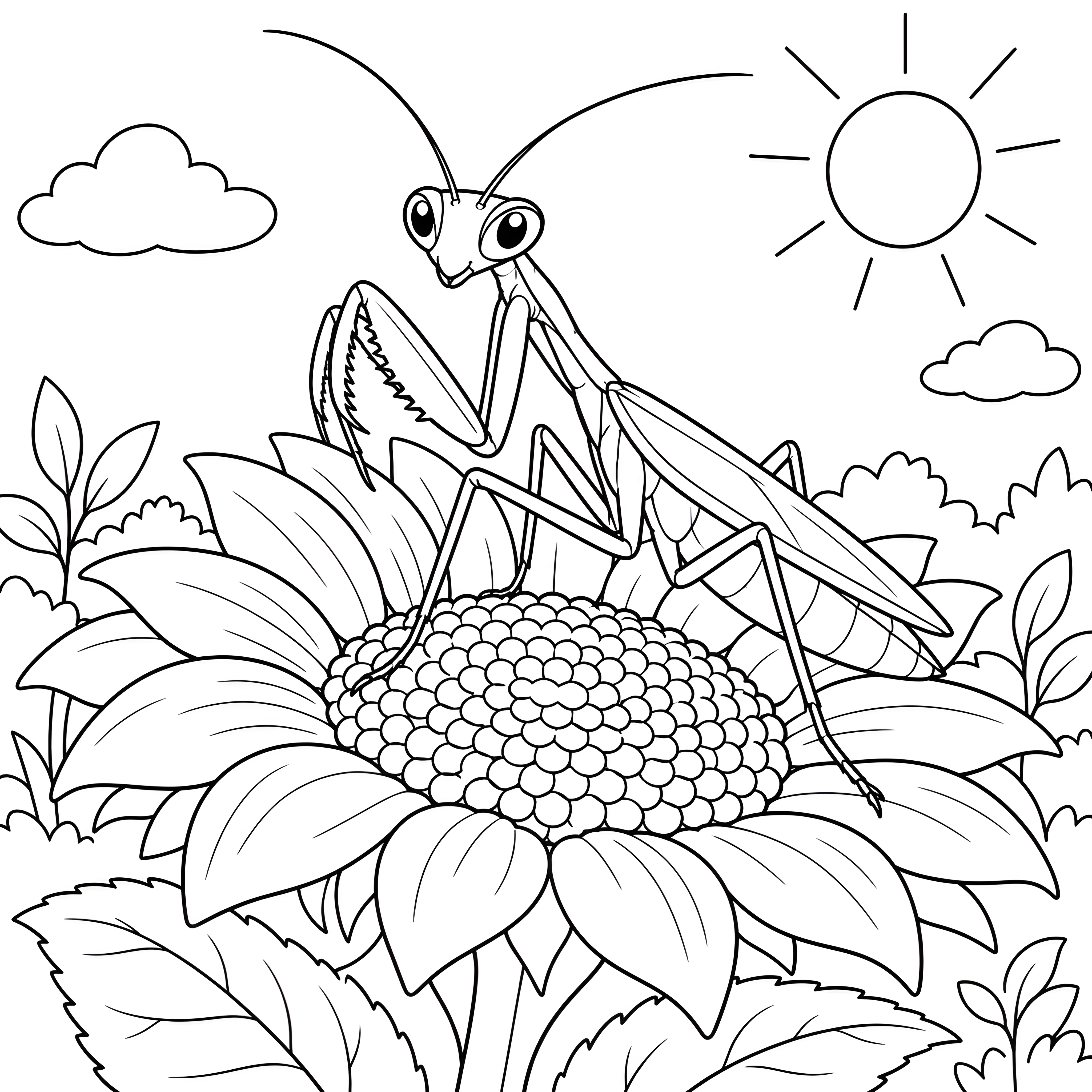 Stolze Gottesanbeterin auf Sonnenblume Ausmalbild für mutige Sterngucker