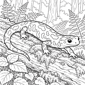 Flinker Feuersalamander auf einem Baumstamm Malvorlage für kleine Spürnasen