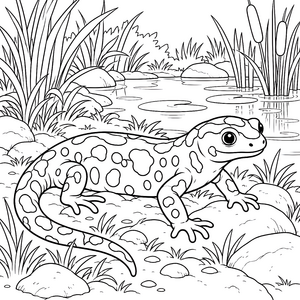 Fleckiger Feuersalamander am Teich Malvorlage für fröhliche Naturfreunde