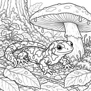 Mutiger Feuersalamander unter Pilzen Malbild für malfreudige Naturfreunde