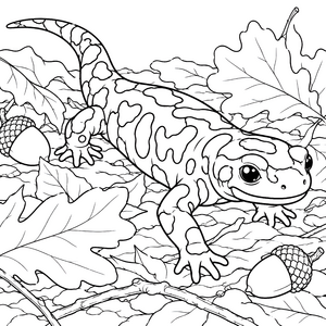 Verspielter Feuersalamander zwischen Eicheln Ausmalbild für kleine Waldtiere