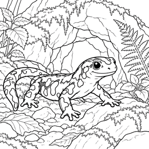 Stolzer Feuersalamander in der Höhle Ausmalvorlage für kleine Naturfreunde