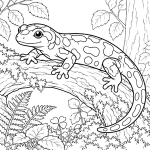 Ruhiger Feuersalamander auf dem Baumstamm Malvorlage für neugierige Spürnasen