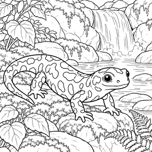 Mutiger Feuersalamander am Wasserfall Ausmalbild für malfreudige Weltenbummler