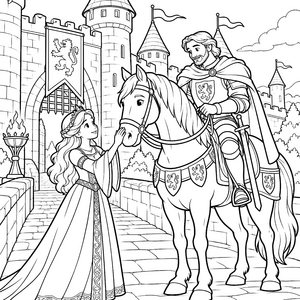 Sanfte Prinzessin mit Ritter auf Ross Ausmalvorlage für kleine Märchenfreunde