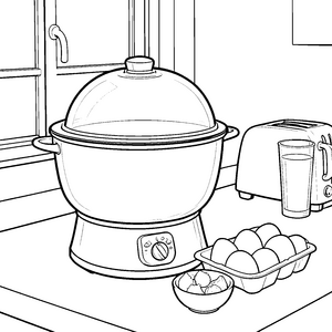 Moderner Eierkocher mit Toaster und Glas-Ausmalvorlage für junge Hobbyköche