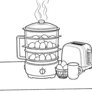 Dampfender Eierkocher mit Toaster und Tasse Malbild für neugierige Frühstücksfreunde