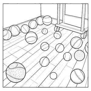 Verstreute Baseballs auf dem Parkett Ausmalbild für malfreudige Spürnasen