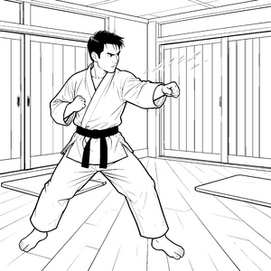 Mächtiger Karateka mit schwarzem Gürtel Malvorlage für neugierige Abenteurer