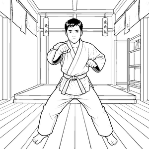 Starker Karateka im Dojo Ausmalvorlage für verträumte Weltenbummler