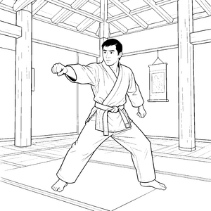 Mutiger Karateka im Dojo Ausmalvorlage für malfreudige Sportbegeisterte