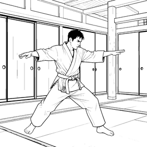 Disziplinierter Karateka im Dojo Malvorlage für fröhliche Sportfreunde