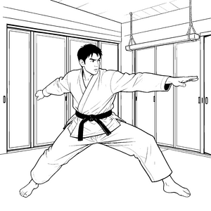Kraftvoller Karateka in Kampfpose Ausmalbild für kleine Kämpfer