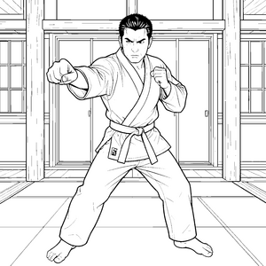 Entschlossener Karateka mit weißem Gürtel Malvorlage für kleine Kämpfer