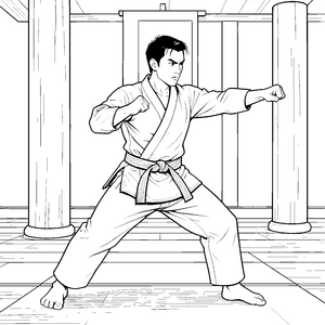 Entschlossener Karateka in Kampfpose Malbild für kleine Tüftler