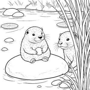 Neugieriges Otterbaby mit Stein Ausmalvorlage für verträumte Wasserratten