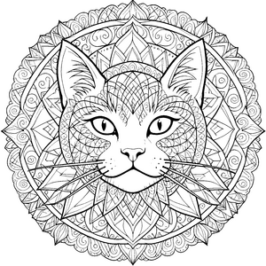 Majestätisches Katzenmandala mit Blumenornamenten Malvorlage für kreative Tierfreunde