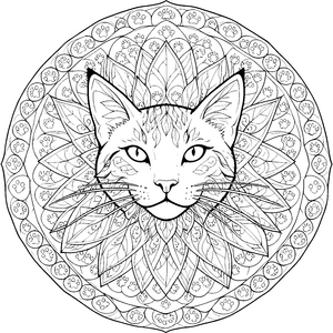 Gelassenes Katzenmandala mit Pfotenabdrücken Ausmalvorlage für kreative Tierfreunde