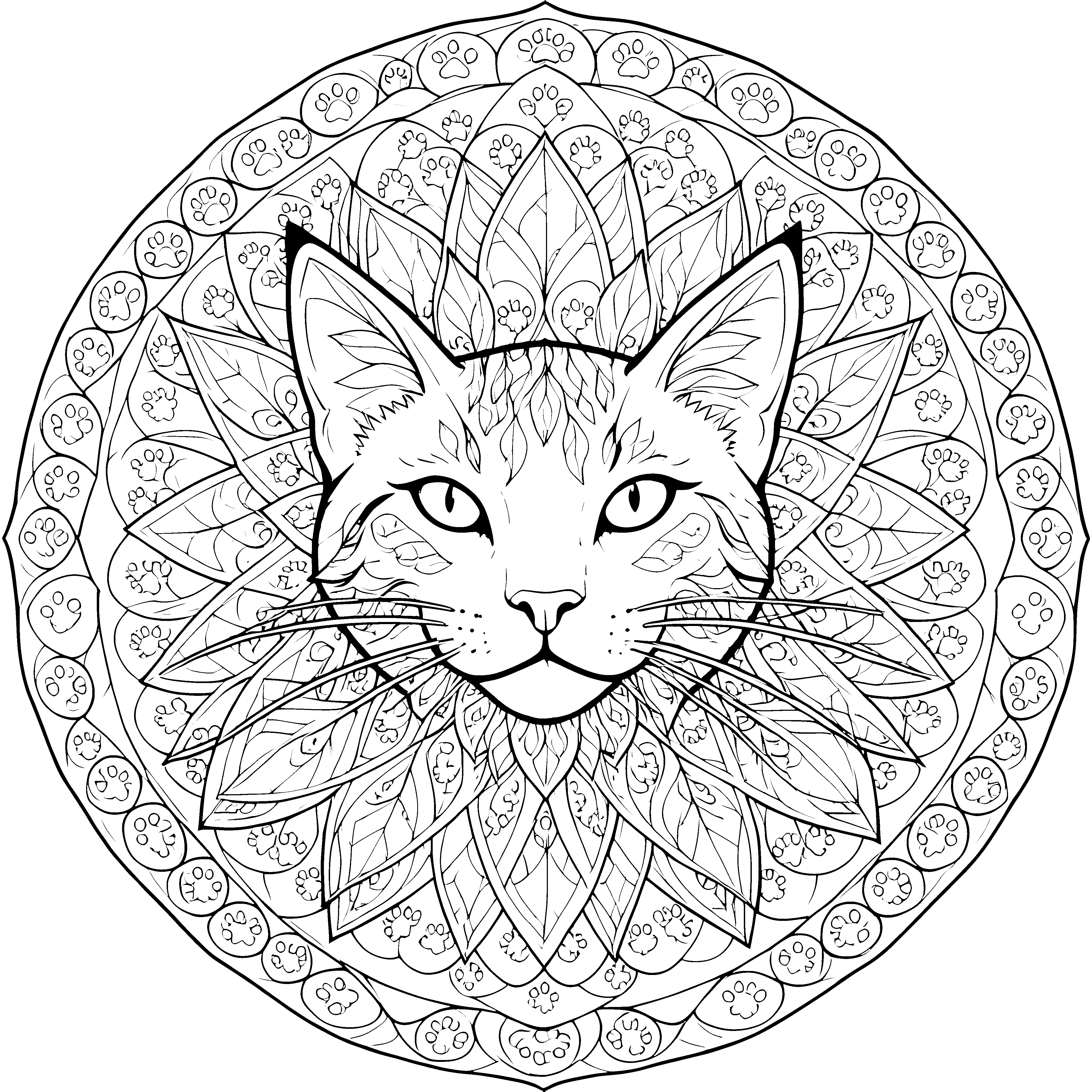 Gelassenes Katzenmandala mit Pfotenabdrücken Ausmalvorlage für kreative Tierfreunde