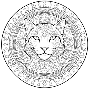 Majestätisches Katzenmandala mit Blumenornamenten Ausmalbild für Spürnasen