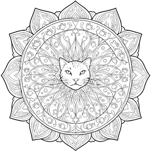 Würdiges Katzenmandala mit floralen Ornamenten Malvorlage für fröhliche Weltenbummler