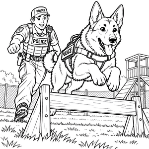 Dynamischer Polizist mit Hund beim Sprung Malvorlage für malfreudige Actionfans